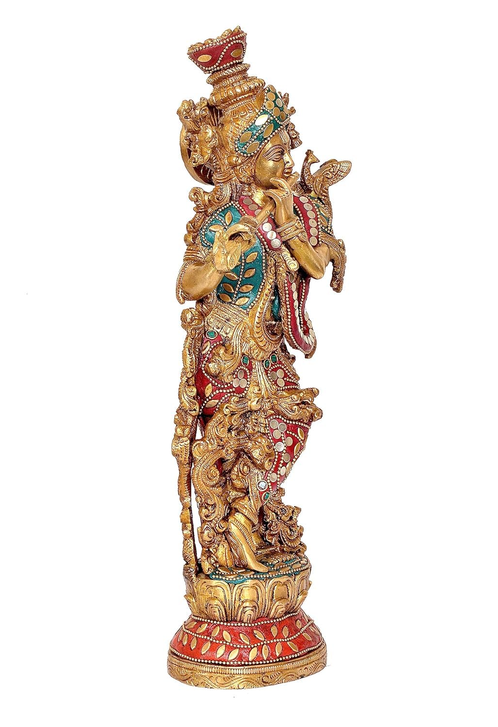 Brass with stonework Krishna Statue Idol Playing Flute – 14 Inch Traditional Home Décor & Spiritual Blessings