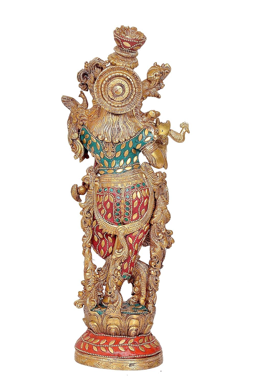 Brass with stonework Krishna Statue Idol Playing Flute – 14 Inch Traditional Home Décor & Spiritual Blessings