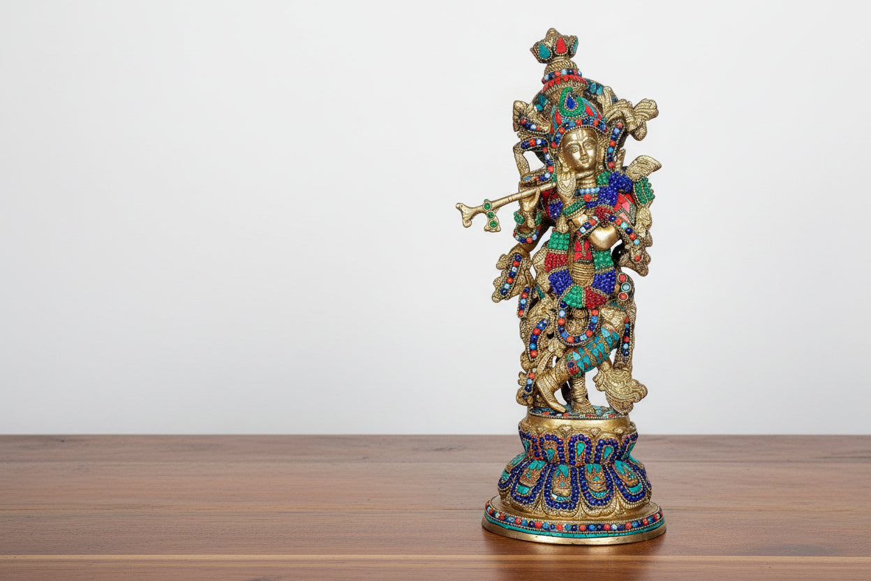 Brass with stonework Krishna Statue Idol Playing Flute – 14 Inch Traditional Home Décor