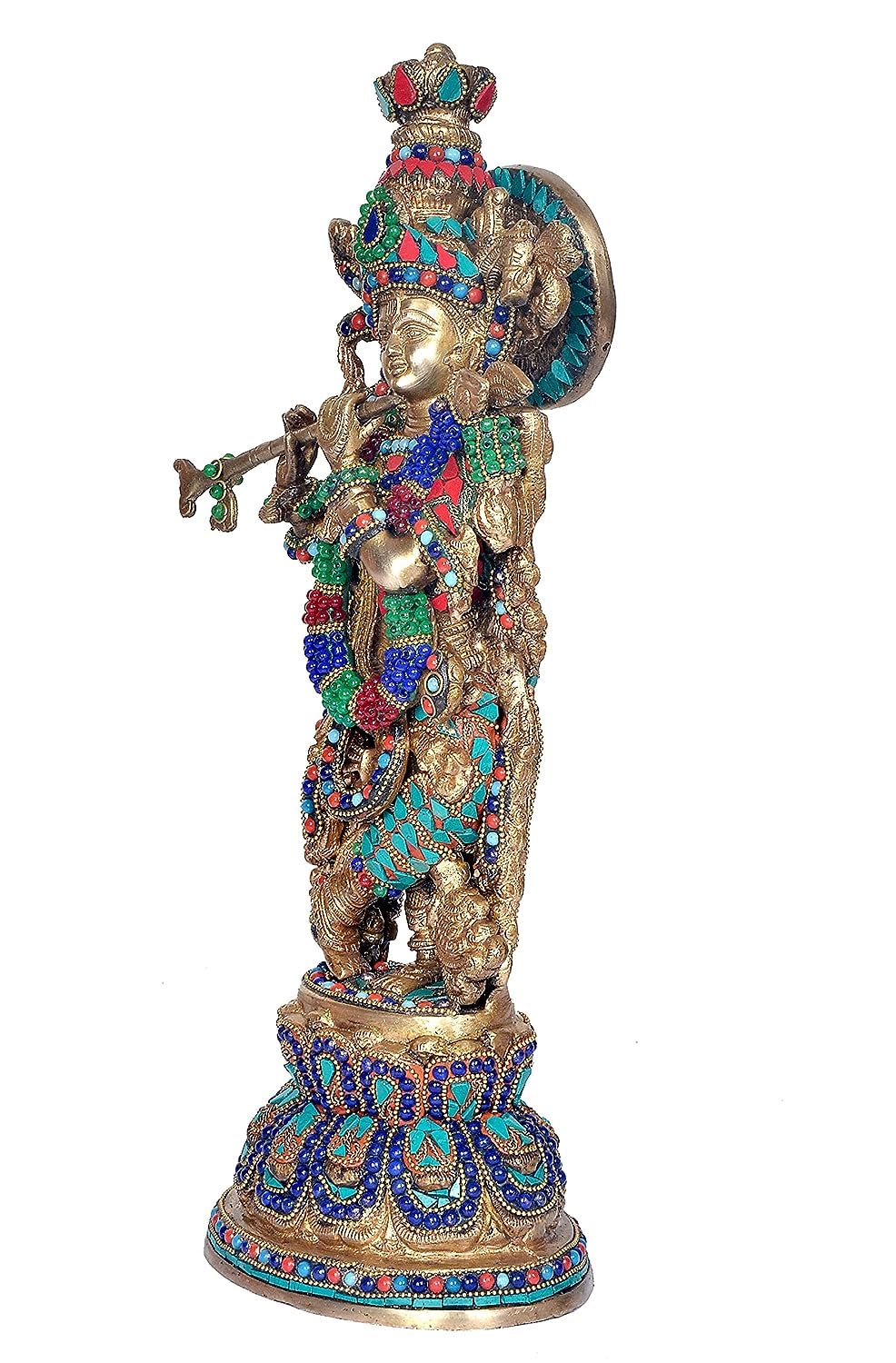 Brass with stonework Krishna Statue Idol Playing Flute – 14 Inch Traditional Home Décor