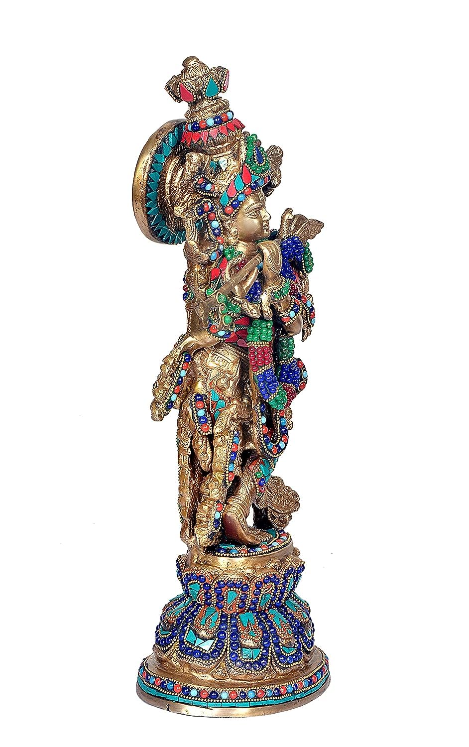 Brass with stonework Krishna Statue Idol Playing Flute – 14 Inch Traditional Home Décor