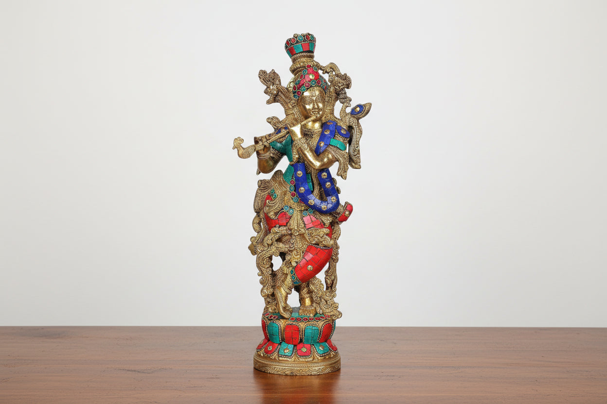 Brass colorful Krishna Statue Idol Playing Flute – 14 Inch Traditional Home Décor