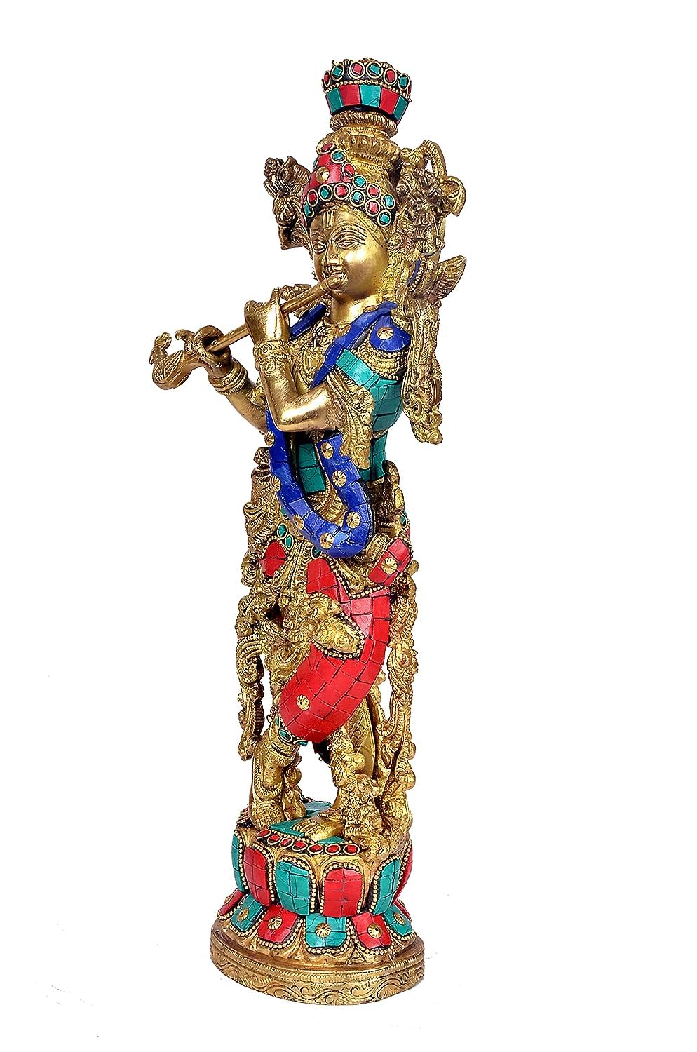 Brass colorful Krishna Statue Idol Playing Flute – 14 Inch Traditional Home Décor
