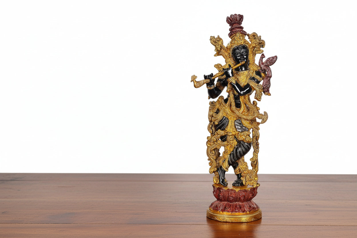 Brass black brown Krishna Statue Idol Playing Flute – 14 Inch Traditional Home Décor