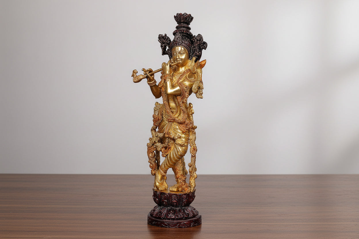Brass  golden brown Krishna Statue Idol Playing Flute – 14 Inch Traditional Home Décor
