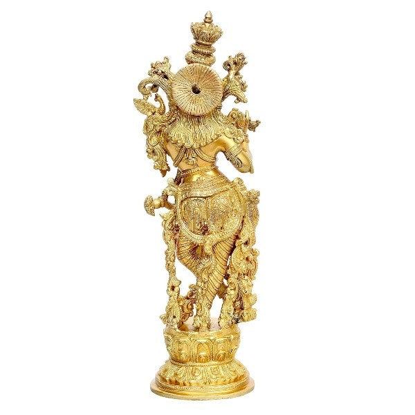 Brass  golden  Krishna Statue Idol Playing Flute – 14 Inch Traditional Home Décor