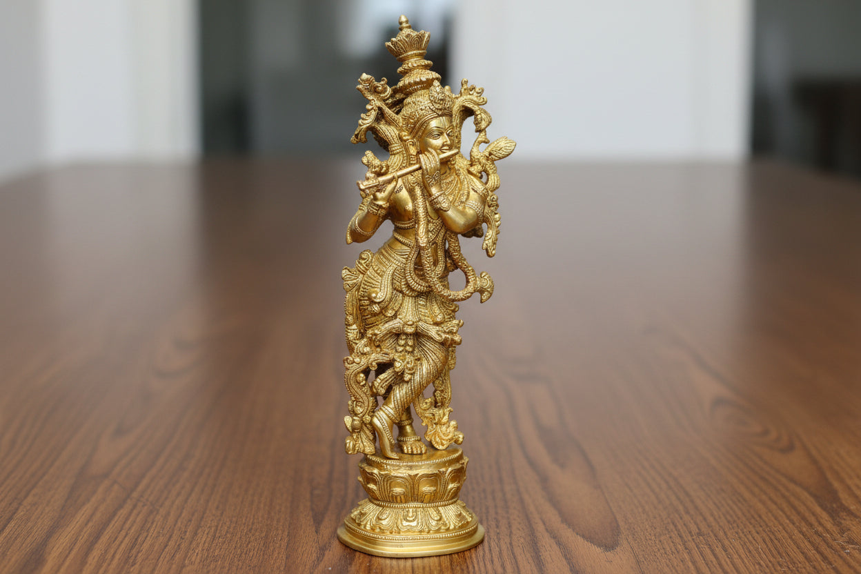 Brass  golden  Krishna Statue Idol Playing Flute – 14 Inch Traditional Home Décor