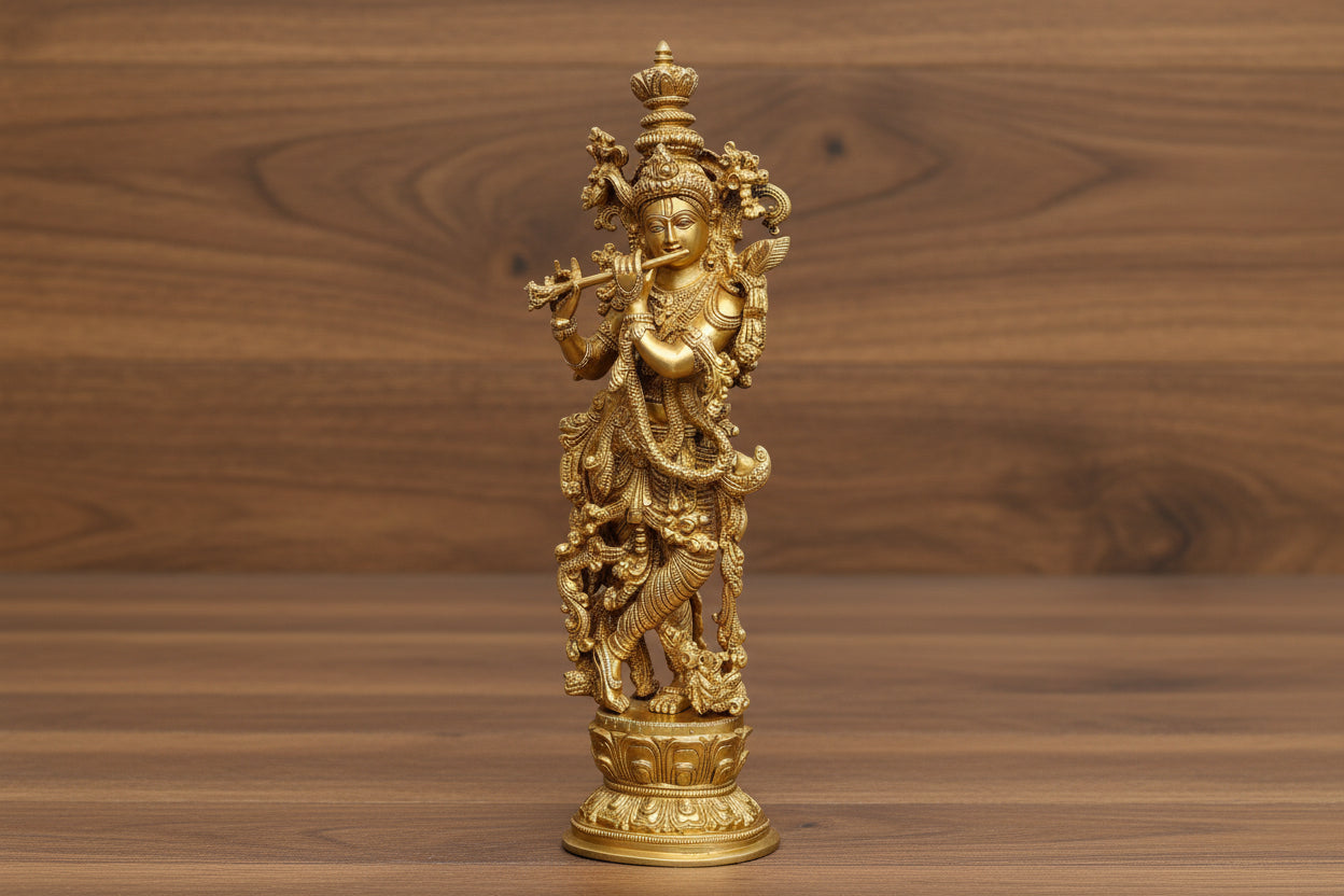 Brass  golden  Krishna Statue Idol Playing Flute – 14 Inch Traditional Home Décor