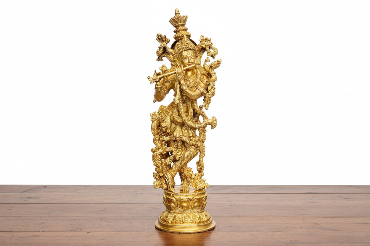 Brass  golden  Krishna Statue Idol Playing Flute – 14 Inch Traditional Home Décor