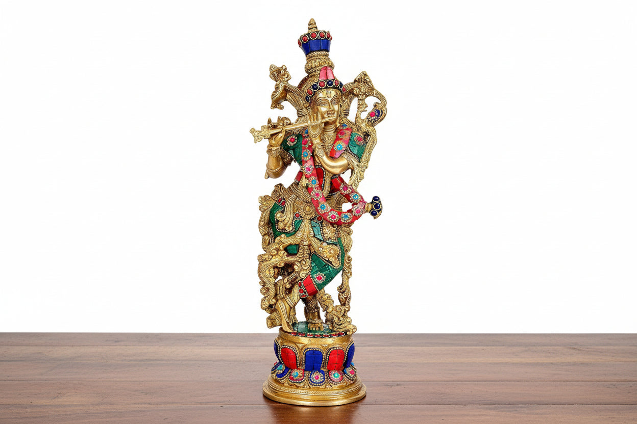 Brass Krishna Statue Idol Playing Flute – 14 Inch Traditional Home Décor, color : colorful