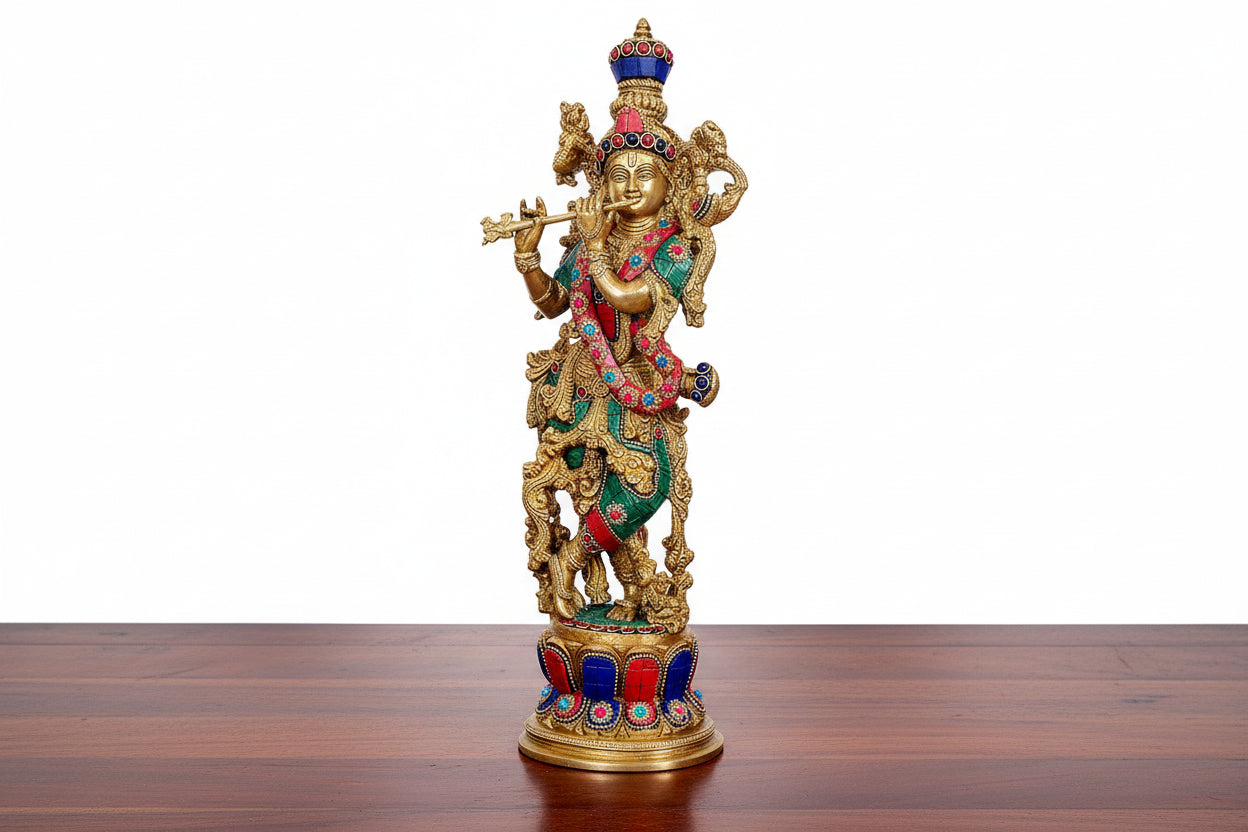 Brass Krishna Statue Idol Playing Flute – 14 Inch Traditional Home Décor, color : colorful