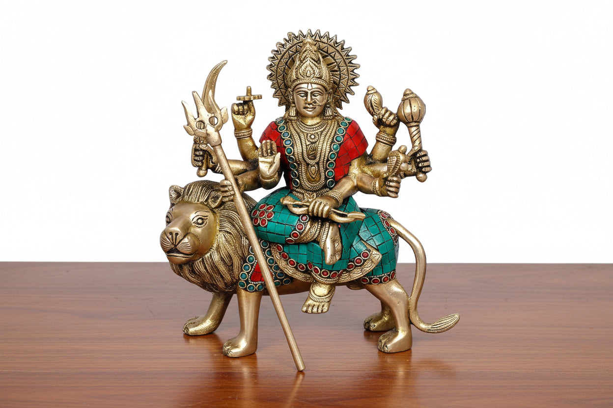 Brass colorful Durga Idol – Temple & Home Puja Statue, Auspicious Gift & Spiritual Décor for Diwali, Navratri, and Festive Gifting