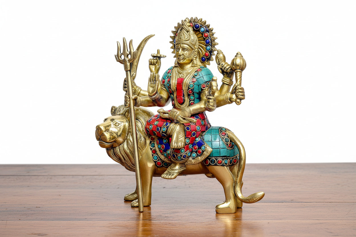 Brass with stonework Durga Idol – Temple & Home Puja Statue, Auspicious Gift & Spiritual Décor for Diwali, Navratri, and Festive Gifting