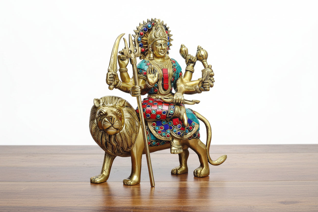 Brass with stonework Durga Idol – Temple & Home Puja Statue, Auspicious Gift & Spiritual Décor for Diwali, Navratri, and Festive Gifting