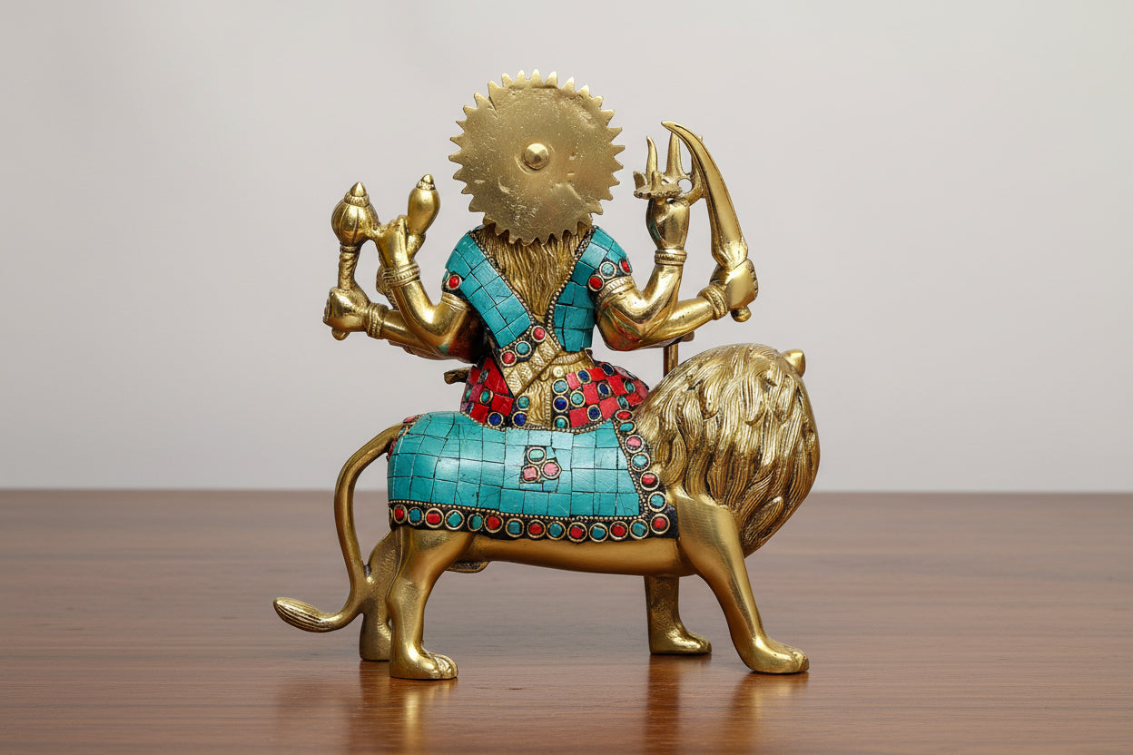 Brass with stonework Durga Idol – Temple & Home Puja Statue, Auspicious Gift & Spiritual Décor for Diwali, Navratri, and Festive Gifting