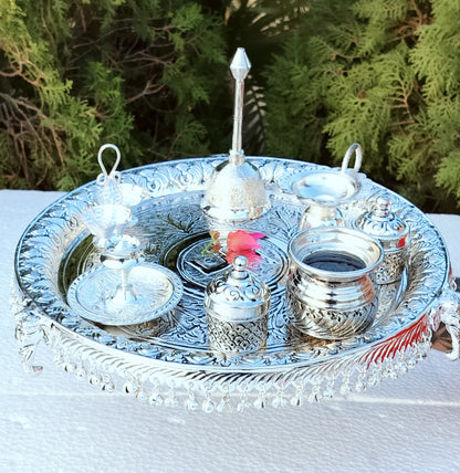 German silver Ghungaru/ghungroo thali set with stand for diwali/ housewarming pooja