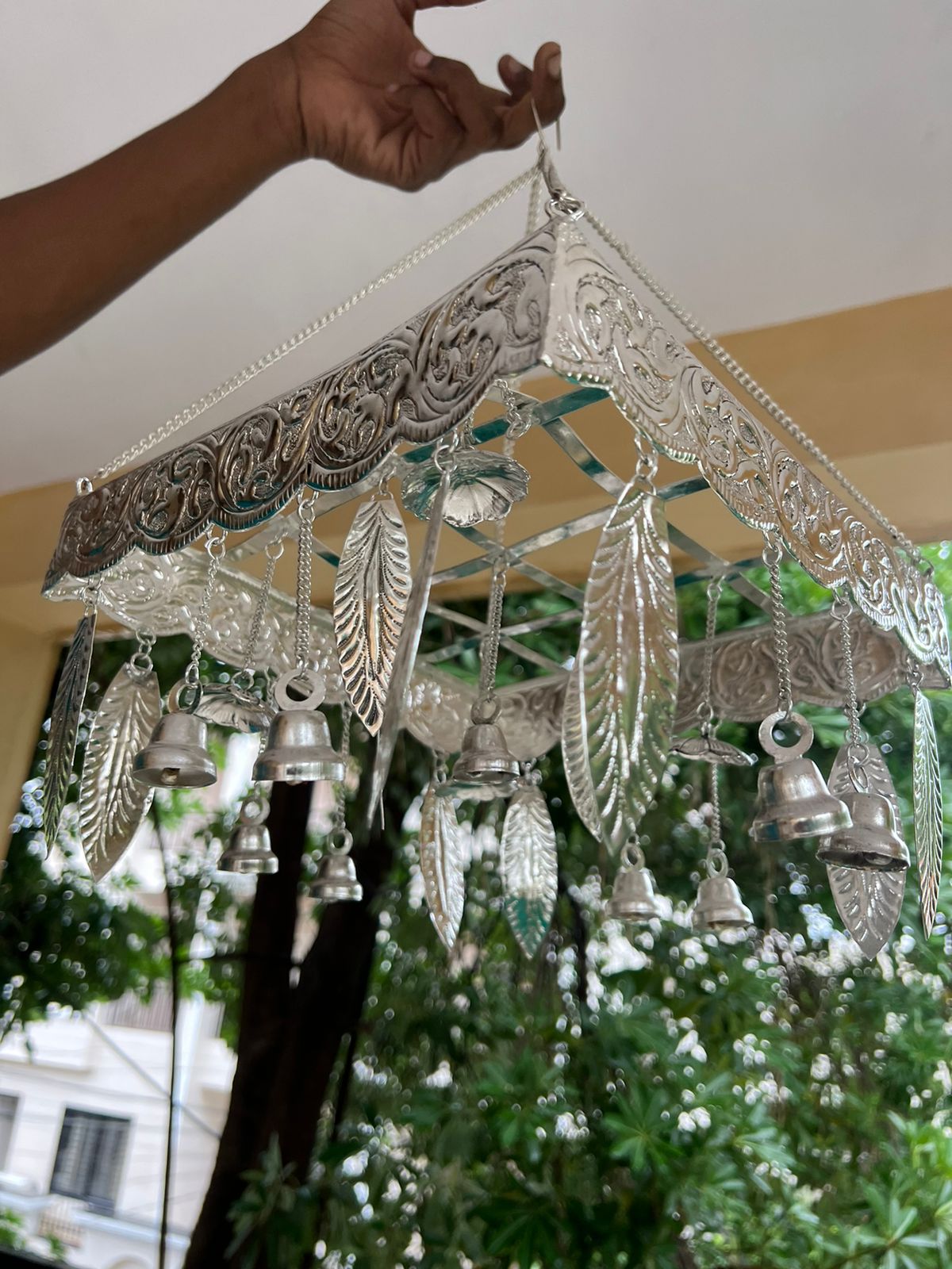 german silver  palavelli stand  with leaves and bells