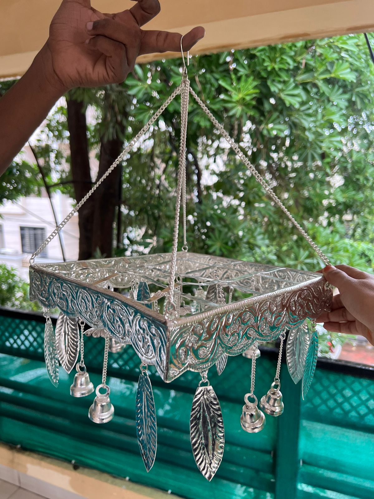 german silver  palavelli stand  with leaves and bells