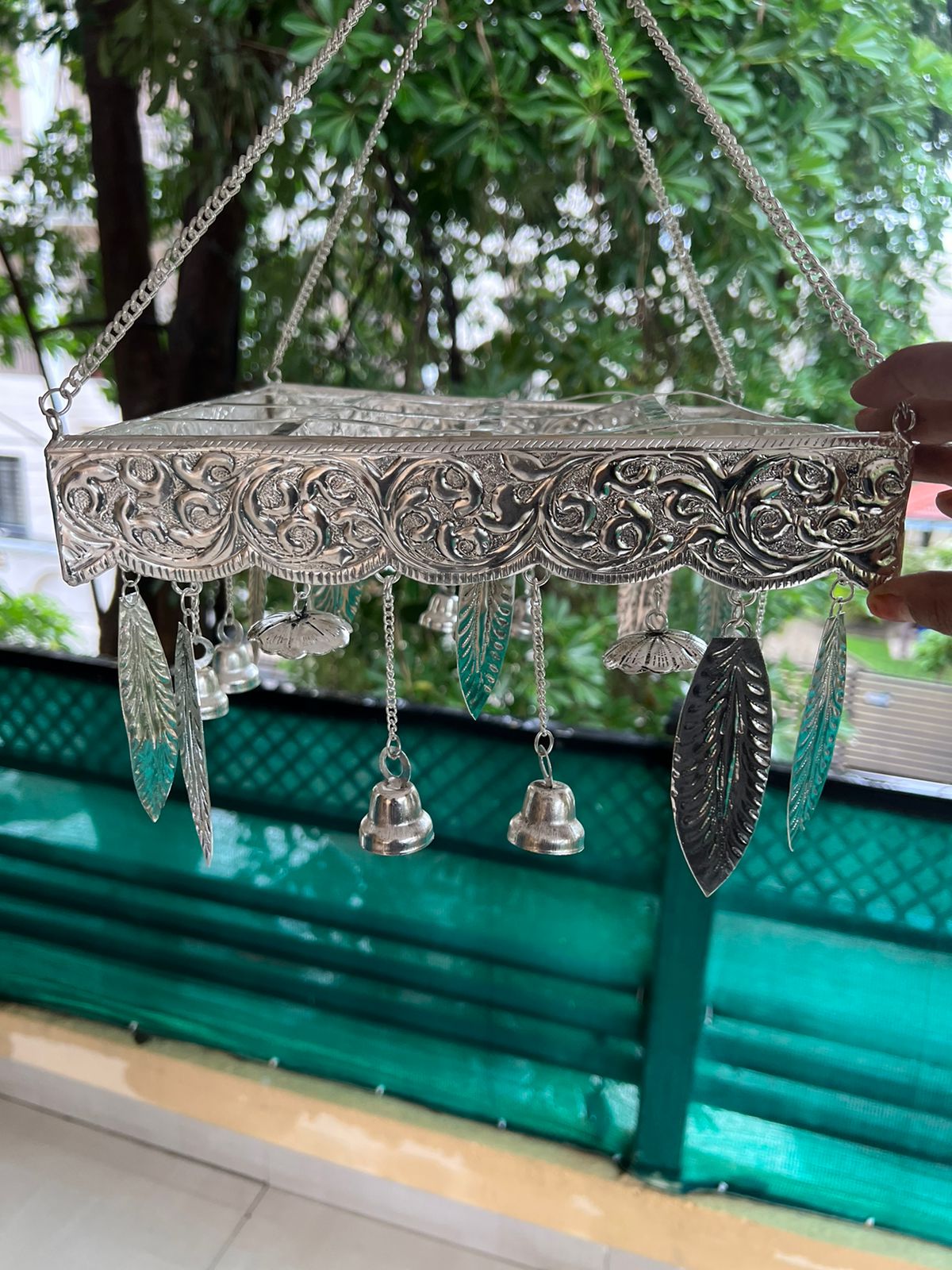 german silver  palavelli stand  with leaves and bells