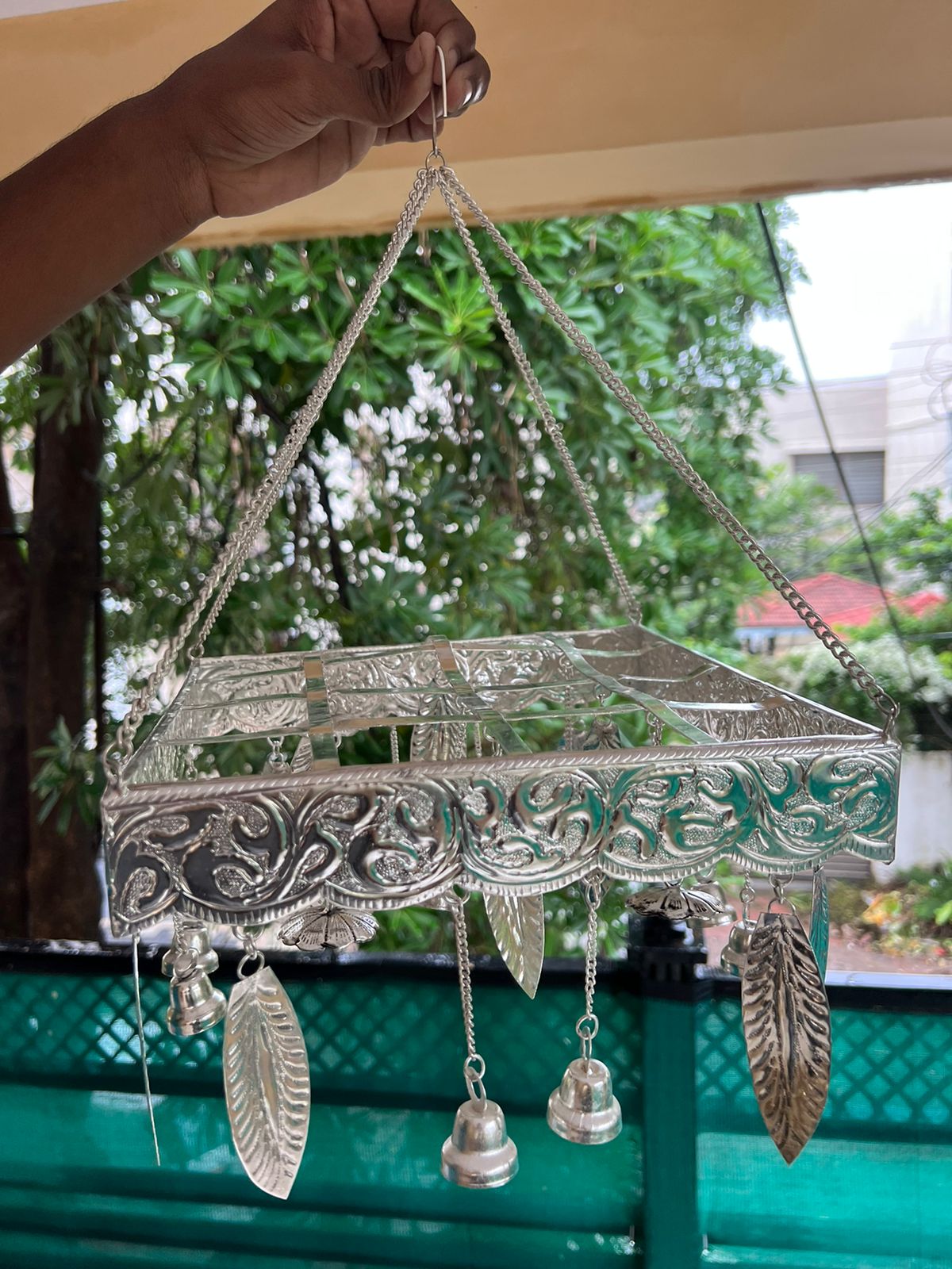 german silver  palavelli stand  with leaves and bells