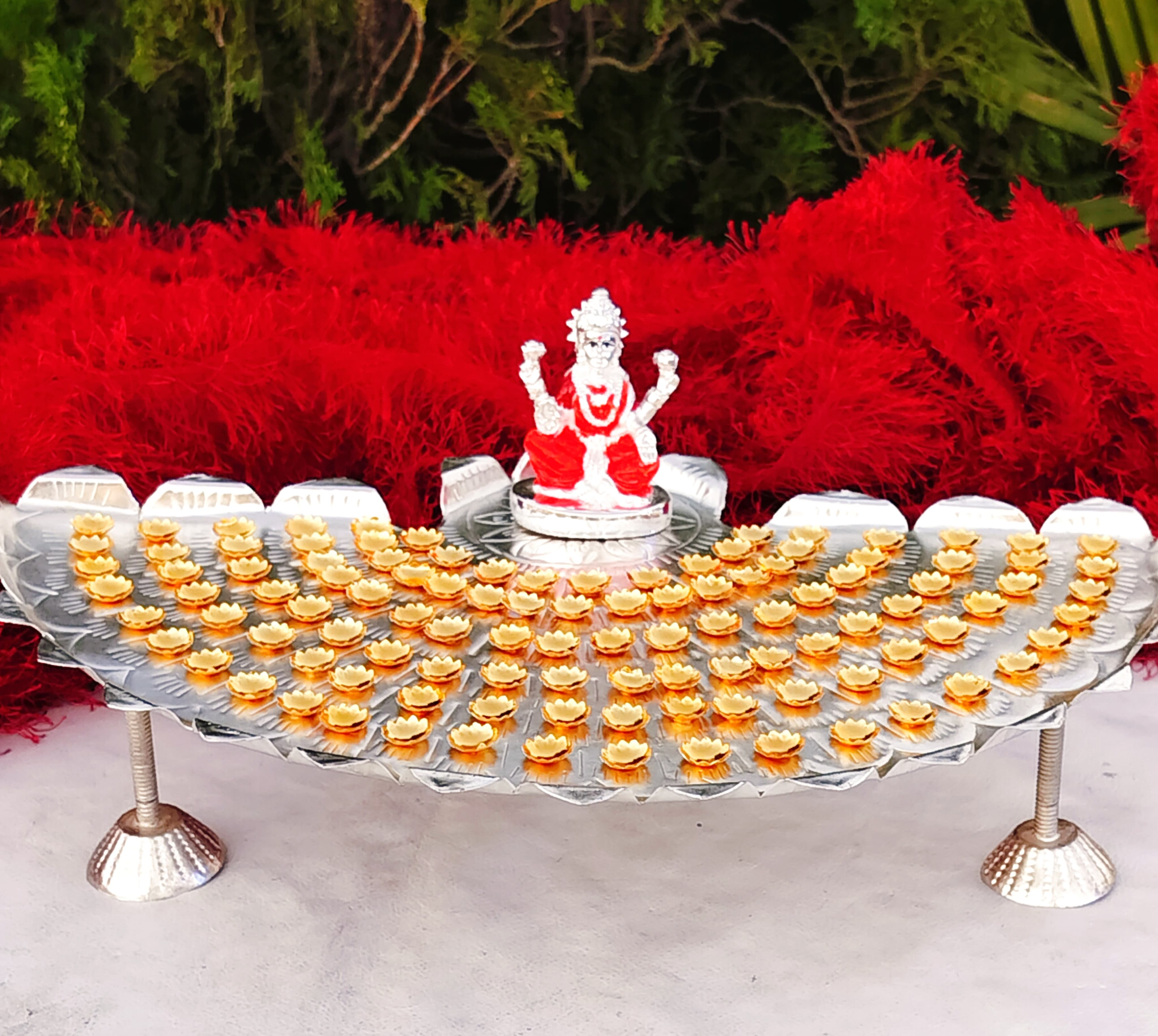 german silver 108-Flower Lotus Ashtottaram Stand, golden flowers,Lakshmi idol