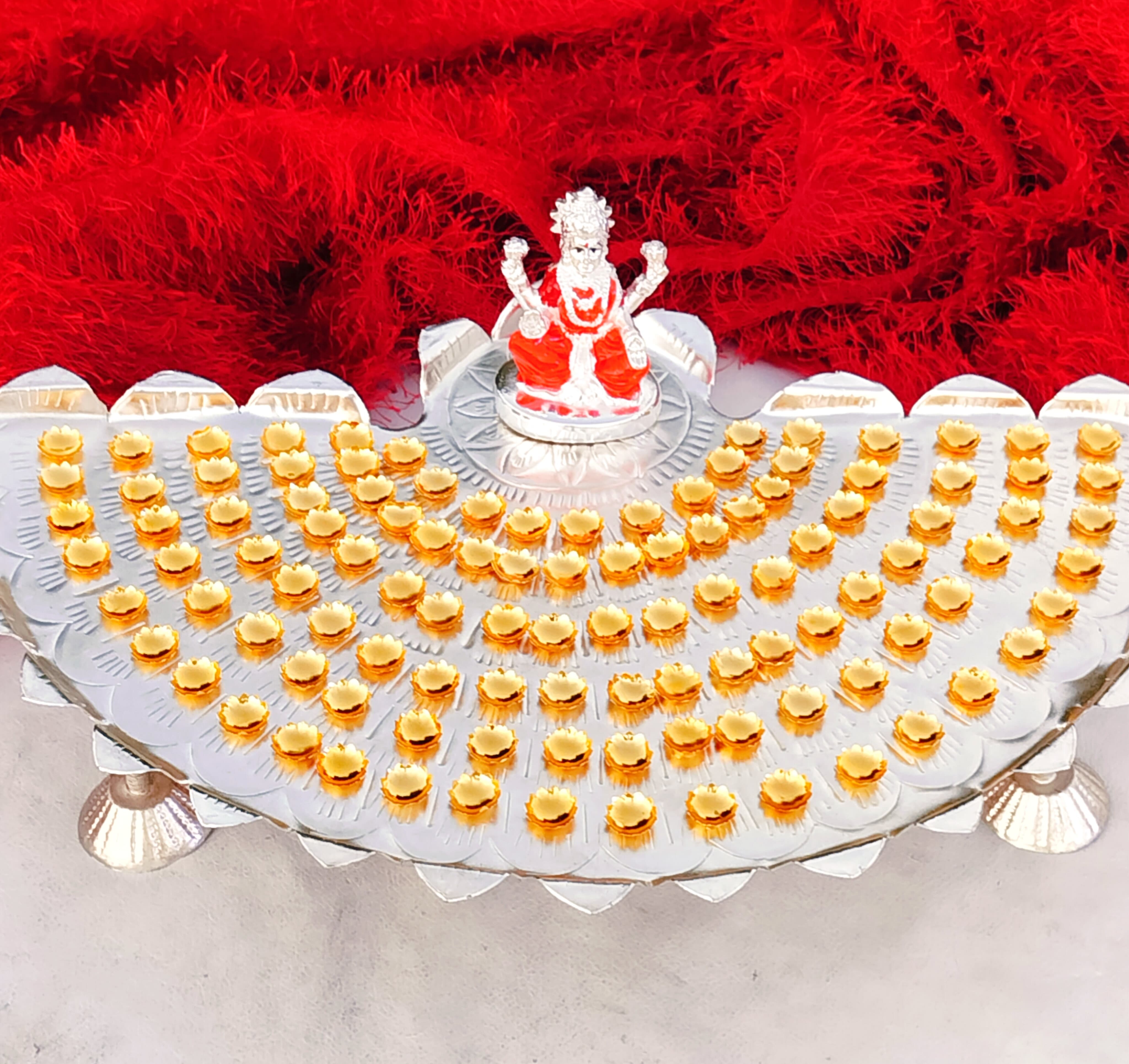 german silver 108-Flower Lotus Ashtottaram Stand, golden flowers,Lakshmi idol