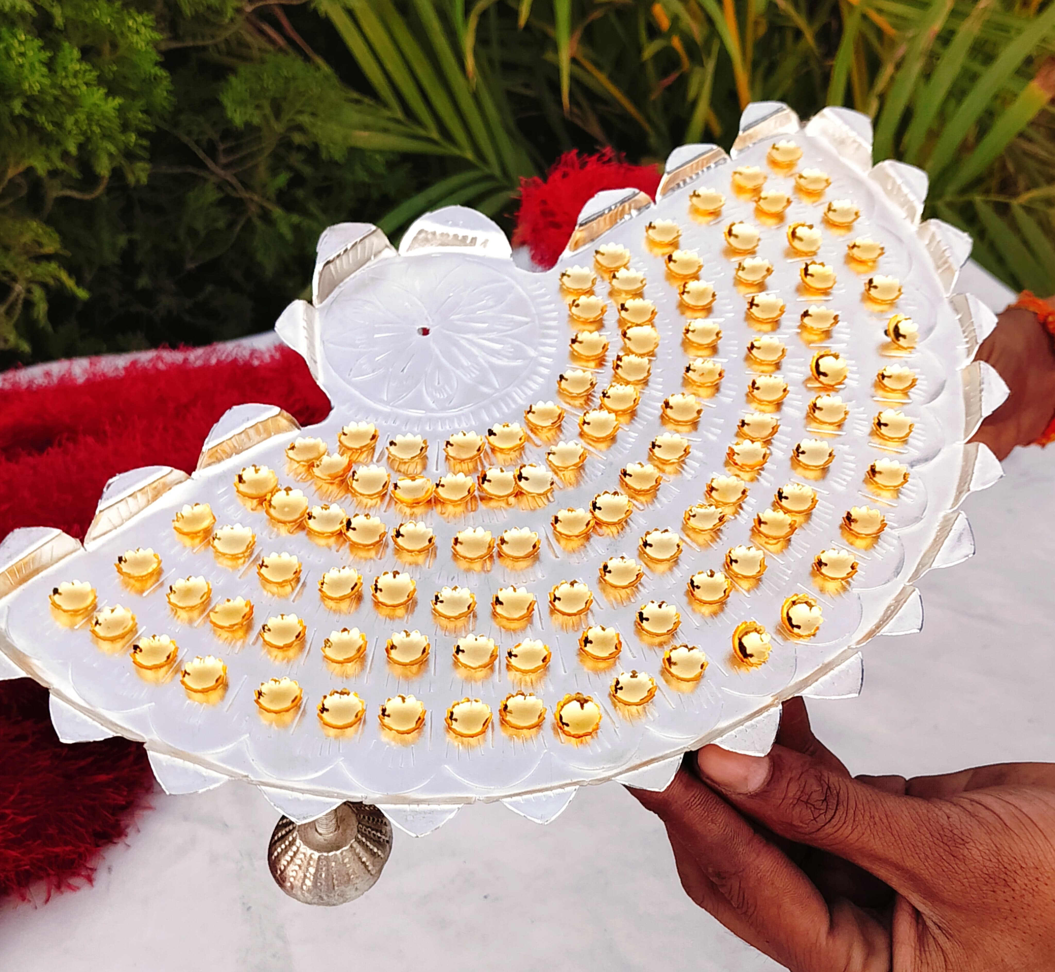 german silver 108-Flower Lotus Ashtottaram Stand, golden flowers,Lakshmi idol