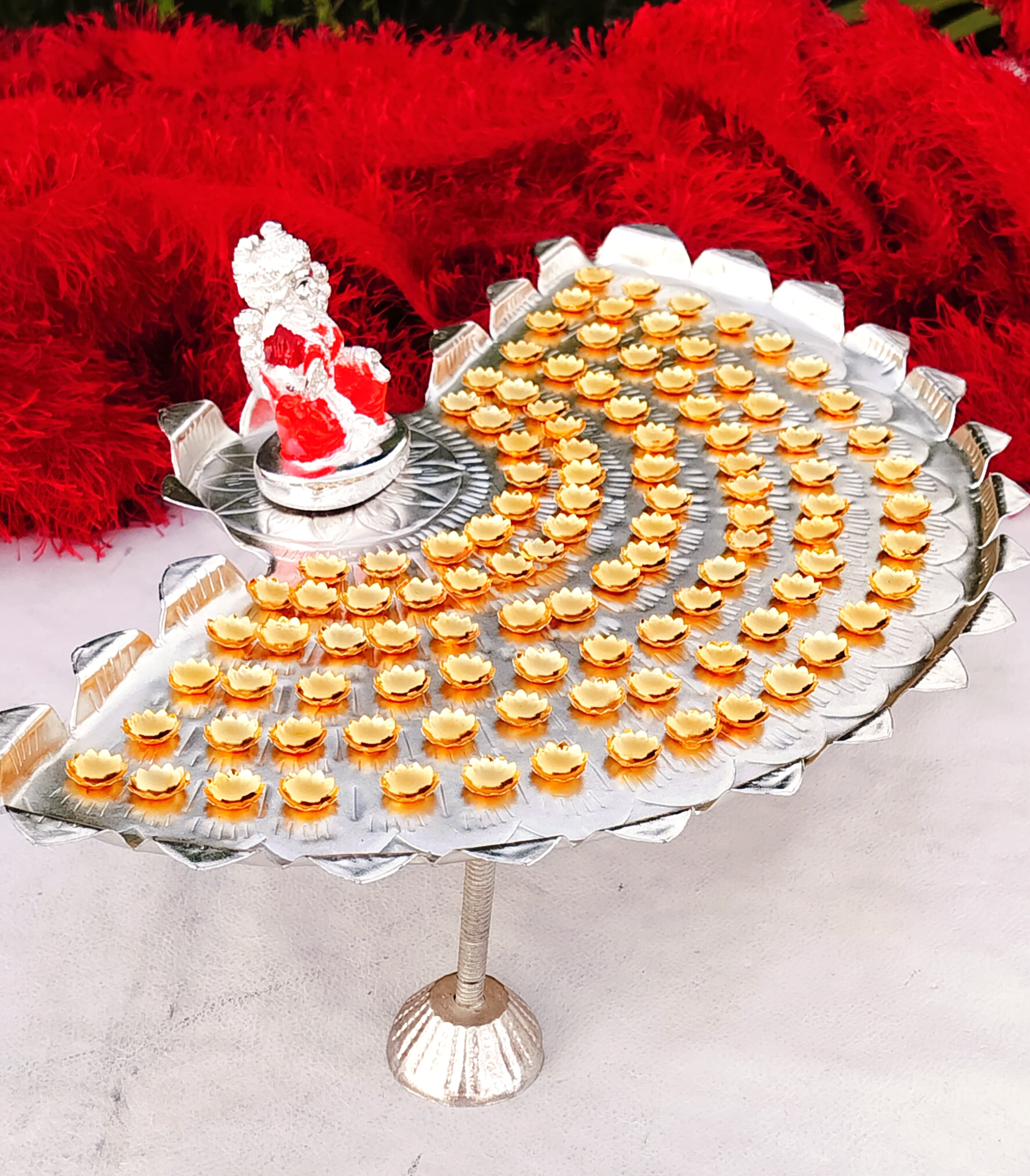 german silver 108-Flower Lotus Ashtottaram Stand, golden flowers,Lakshmi idol