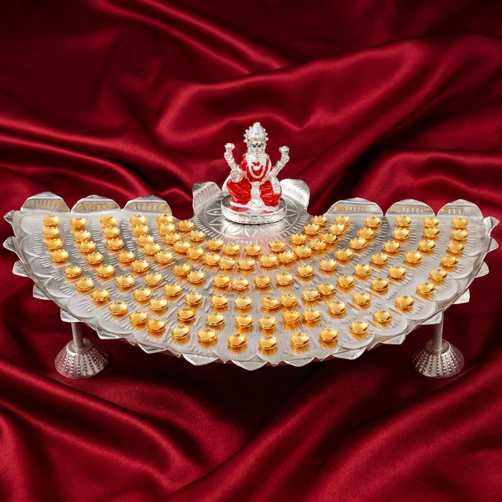 german silver 108-Flower Lotus Ashtottaram Stand, golden flowers,Lakshmi idol