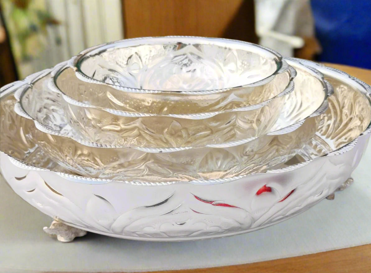 German silver nakkashi plate with elephant set of 4 for serving/ fruits/ snacks