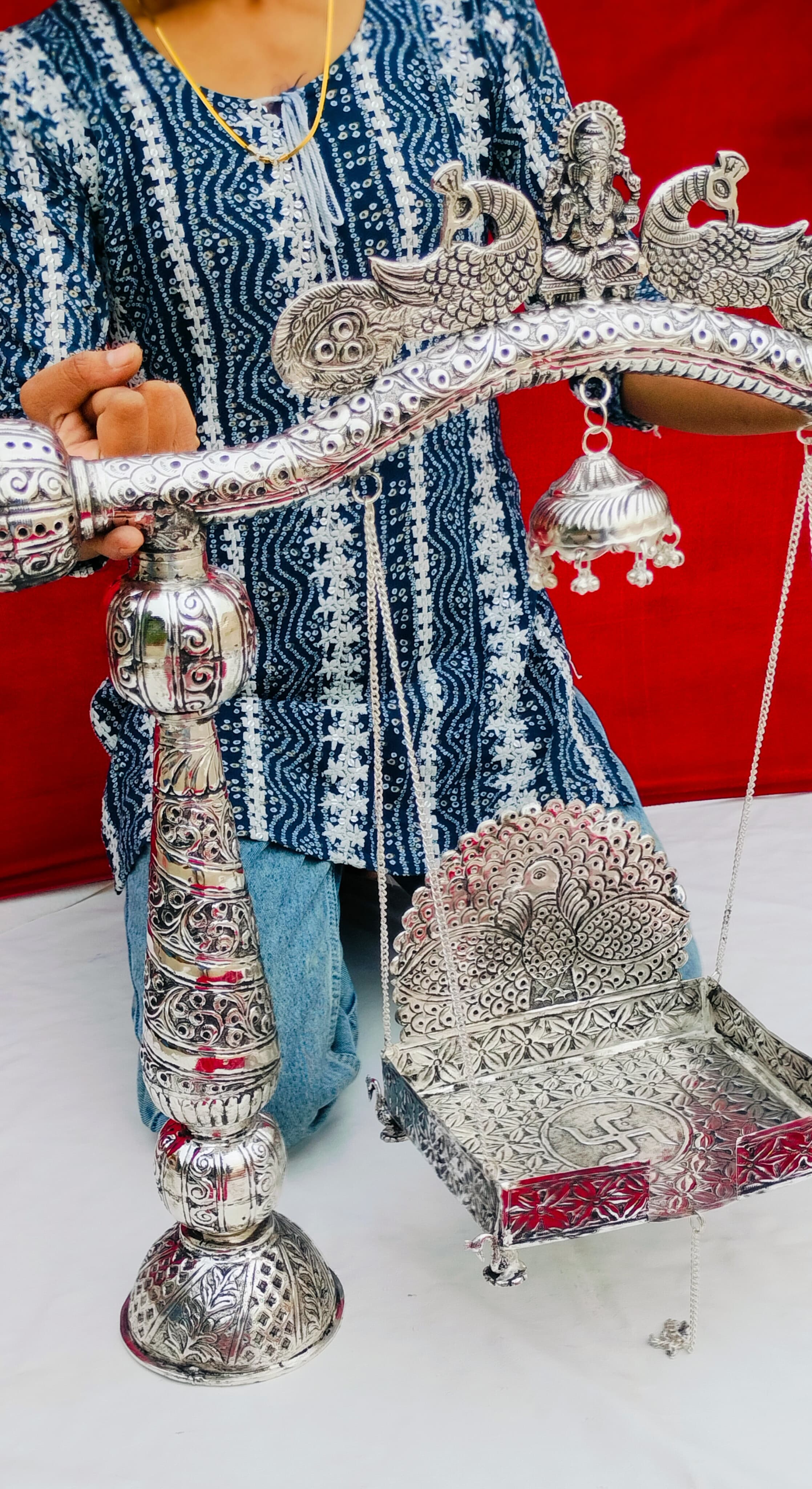 german silver big size ganesh jhula  with peacock for laddu gopal/ idol