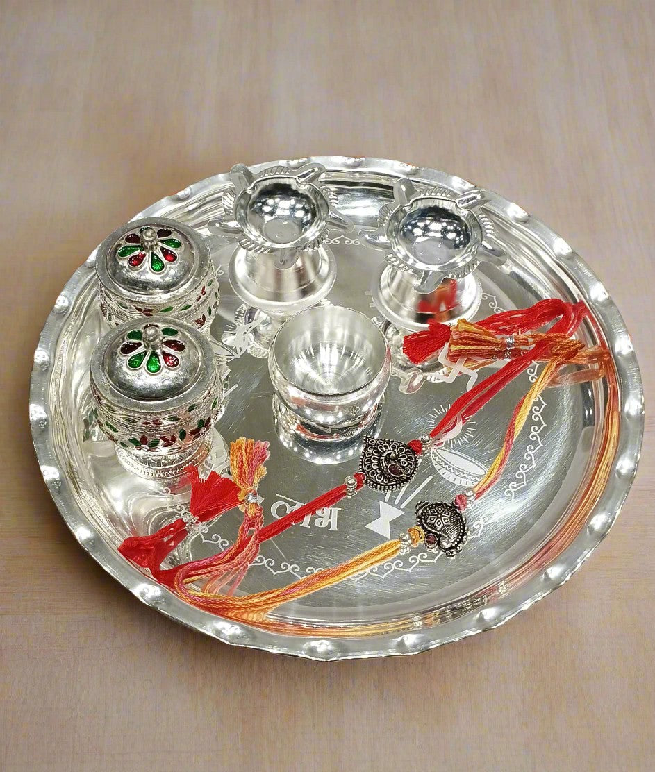 silver plated rakhi festival pooja thali set of 8 pieces