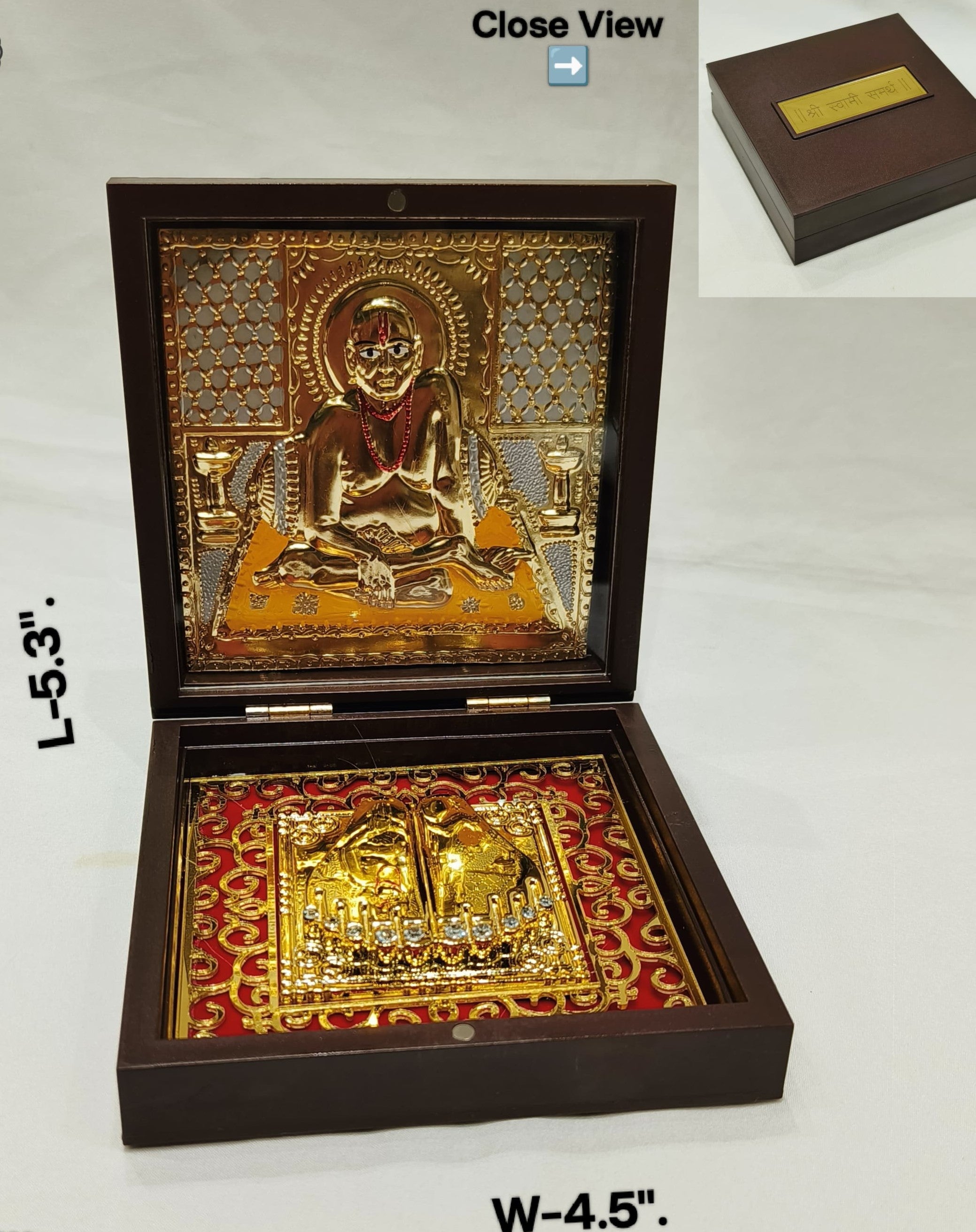 golden swami smarth charan in wooden box/ frame for home/ office/ gift item
