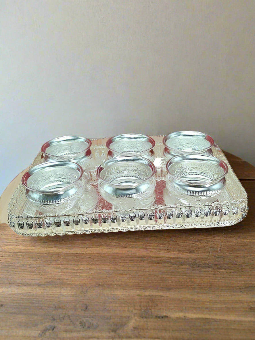 german silver tray with 6 bowl set for serving/ fruit/ gift item