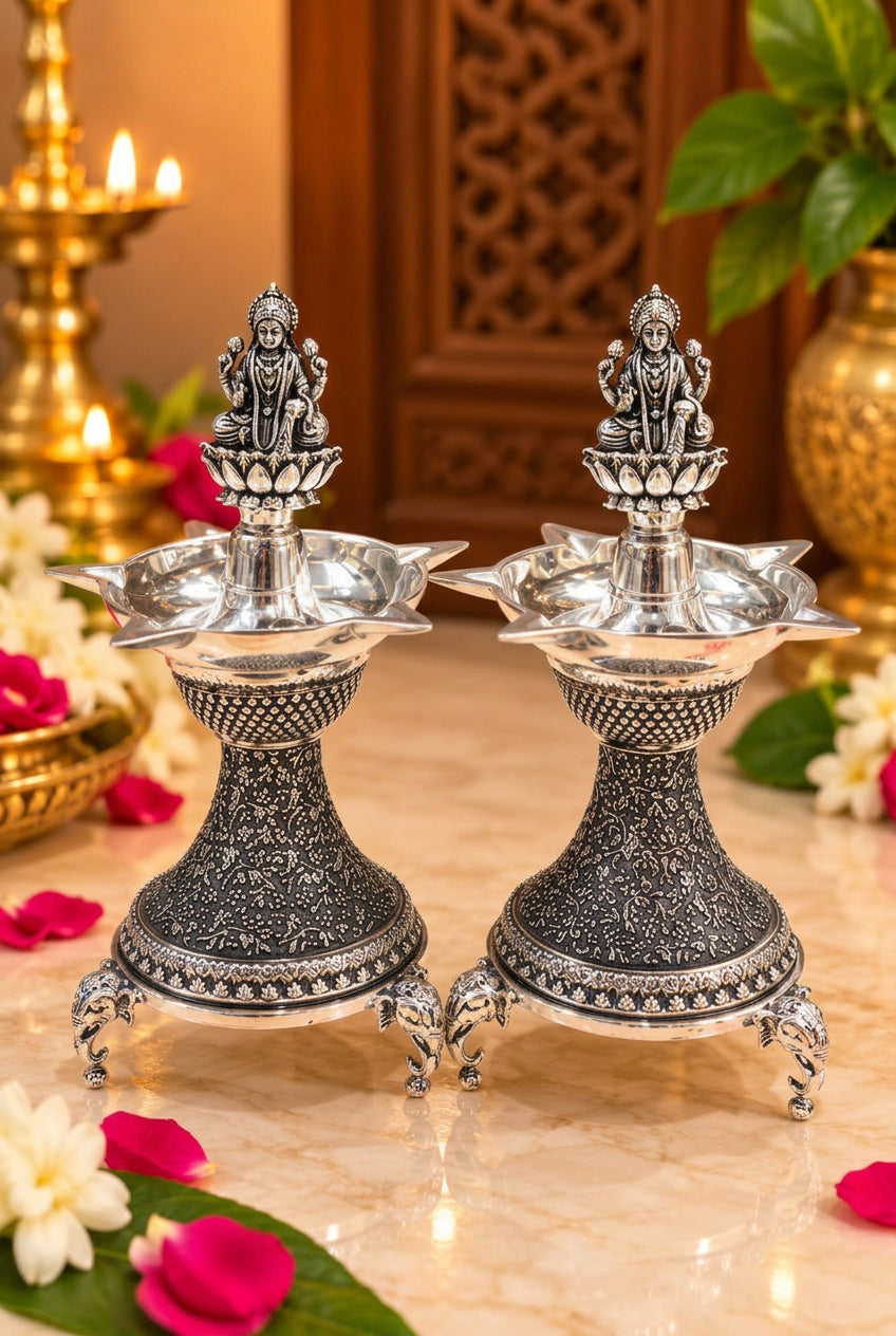 german silver lakshmi diya with elephant legs fully carved , 7" for diwali/ housewarming gift