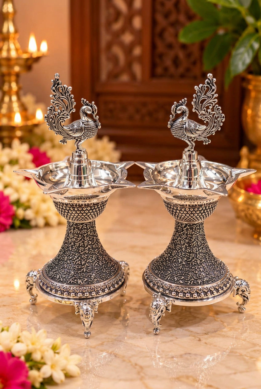 german silver peacock diya with elephant legs fully carved , 7" for diwali/ housewarming gift