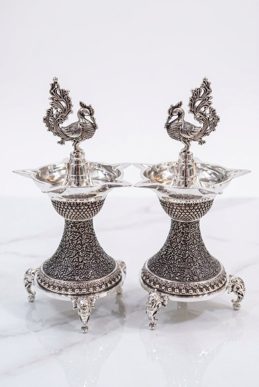 german silver peacock diya with elephant legs fully carved , 7" for diwali/ housewarming gift