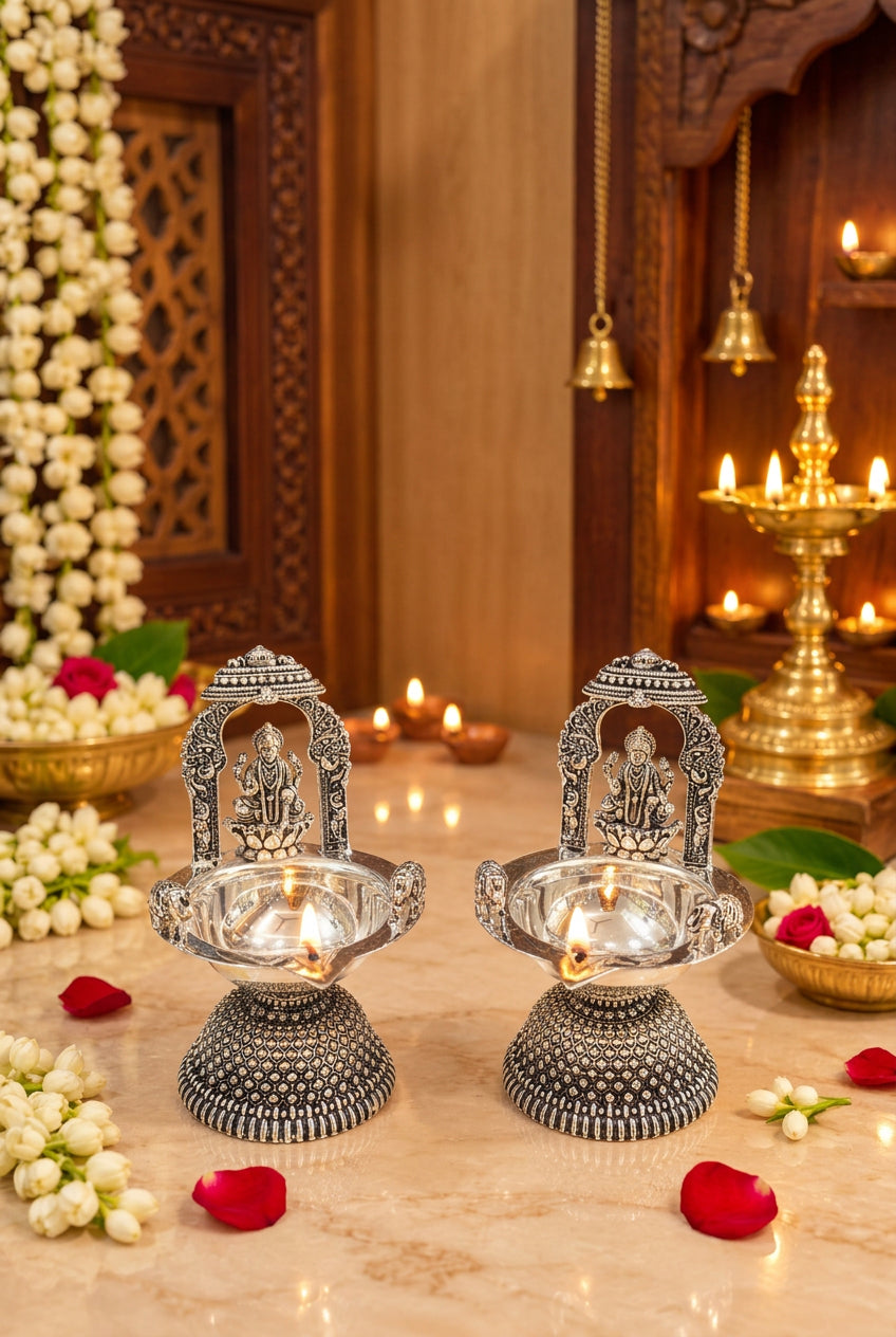 german silver lakshmi diya with elephant legs fully carved , 4" for diwali/ housewarming gift