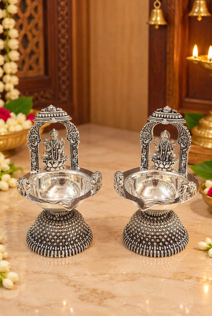 german silver lakshmi diya with elephant legs fully carved , 4" for diwali/ housewarming gift