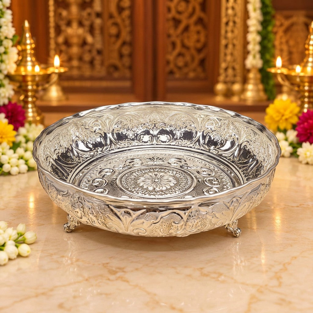 german silver 10" fully carved tray with legs for serving / pooja item/ gift item