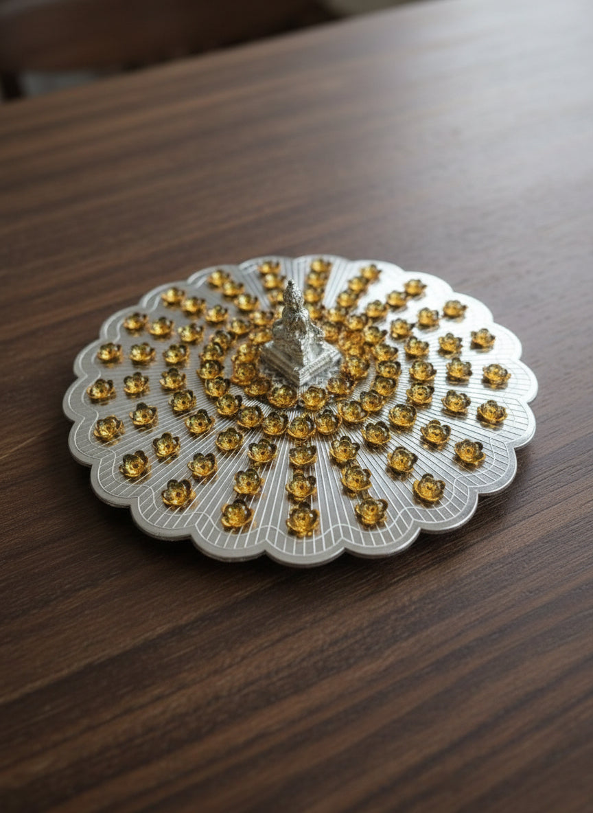 German Silver Flower Stand with Golden Flowers & Lakshmi Statue for housewarming pooja