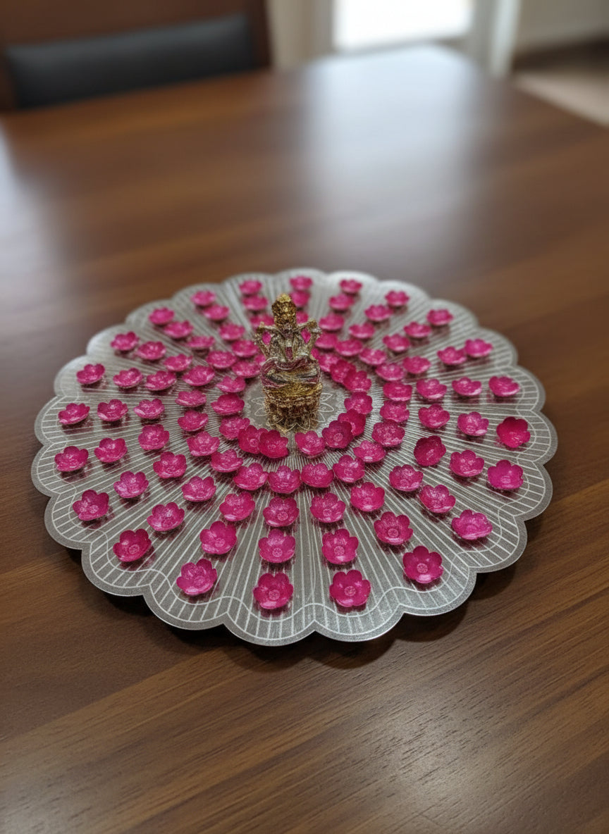 German Silver Flower Stand with pink Flowers & Lakshmi Statue for housewarming pooja