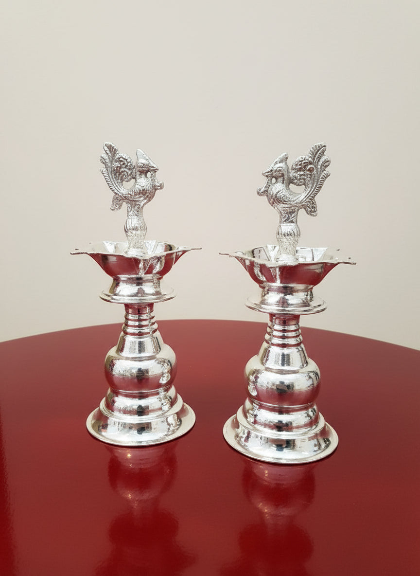 German Silver Pooja Peacock Oil Lamp / Diya for housewarming/ home décor , 9"