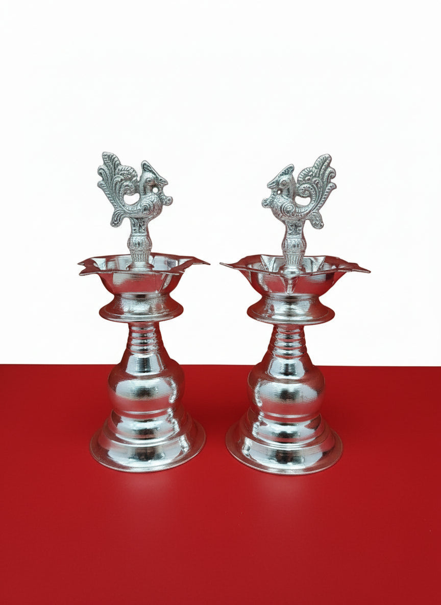 German Silver Pooja Peacock Oil Lamp / Diya for housewarming/ home décor , 9"