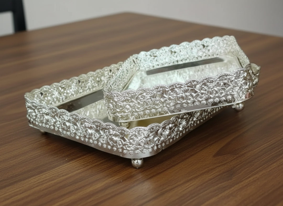 german silver set of 2 rectangle trays for serving/ pooja/ gift item