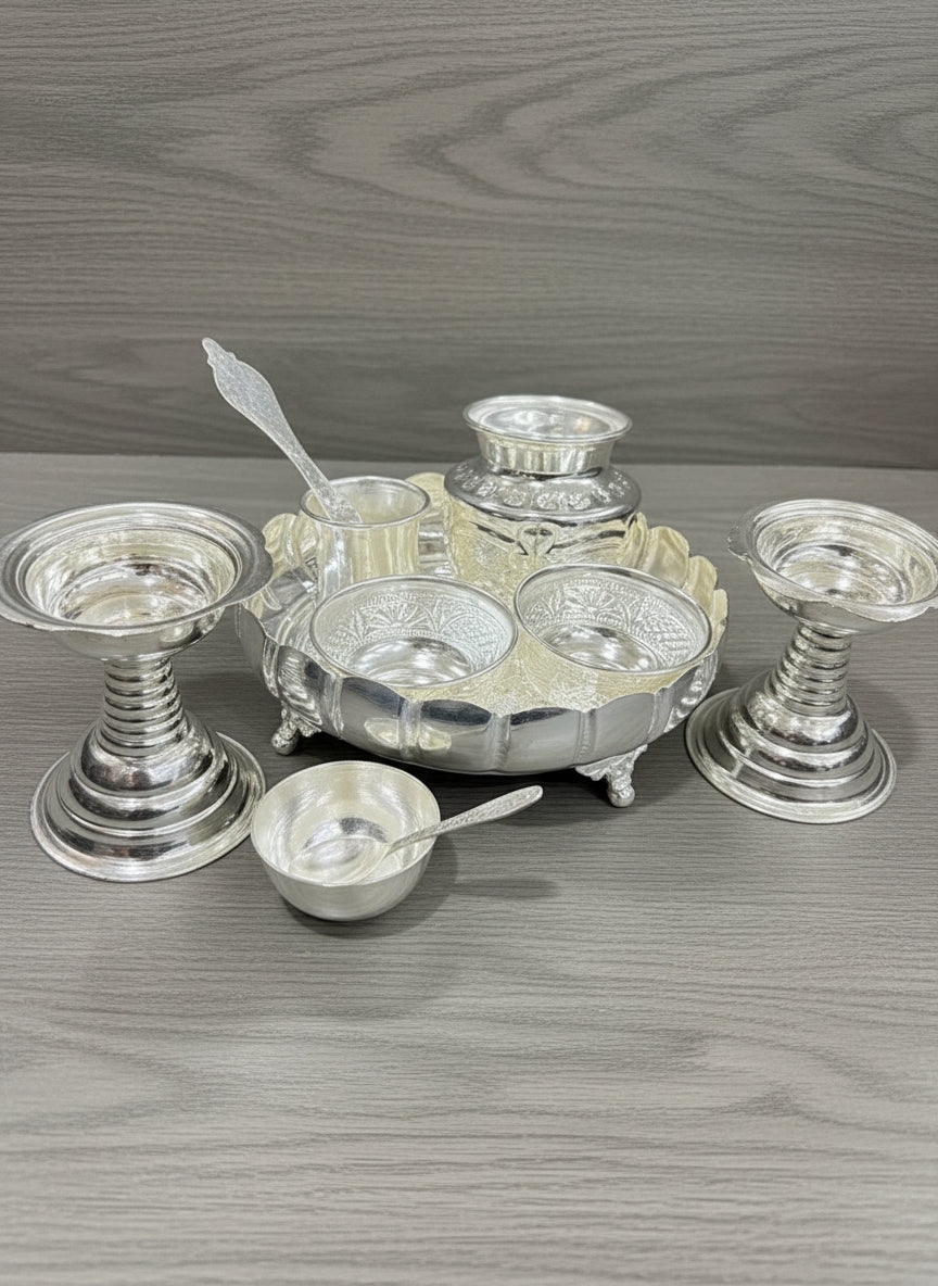 German Silver Pooja Thali Set – 8 Pieces for housewarming pooja set