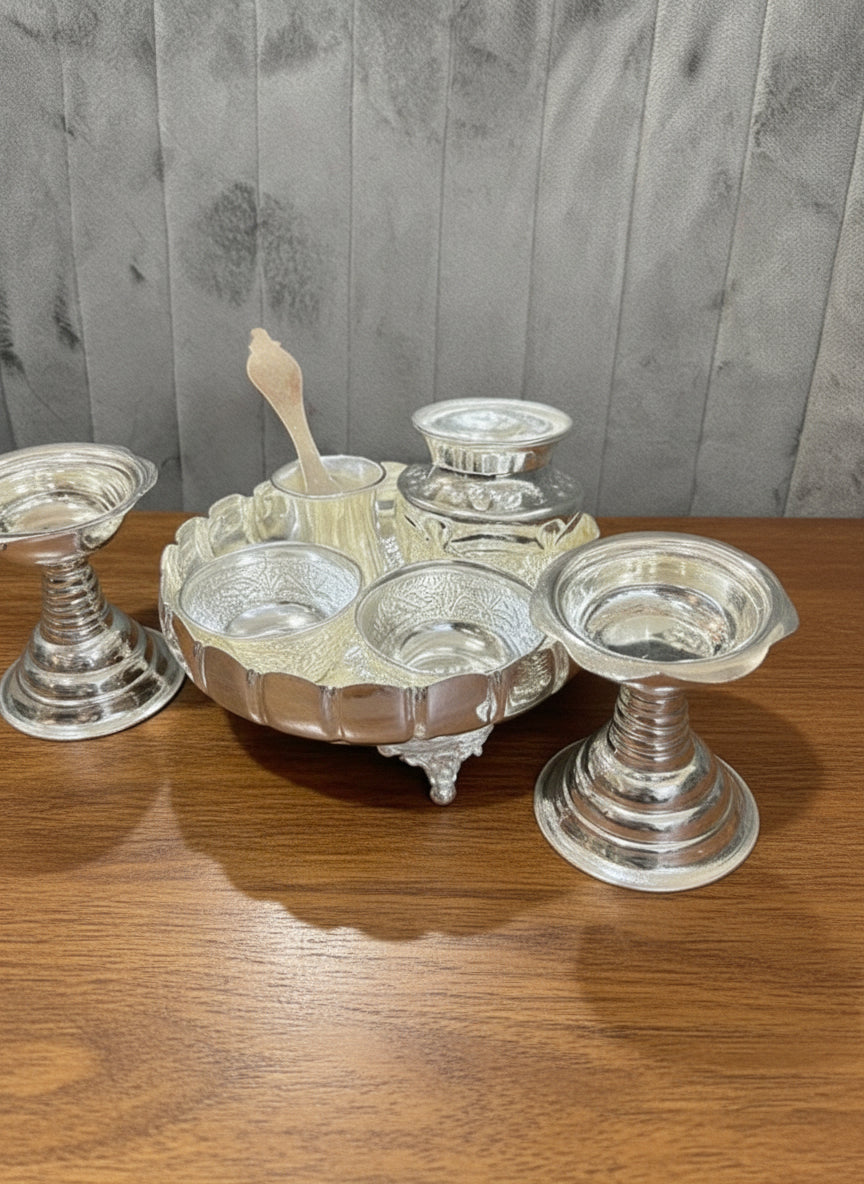 German Silver Pooja Thali Set – 8 Pieces for housewarming pooja set