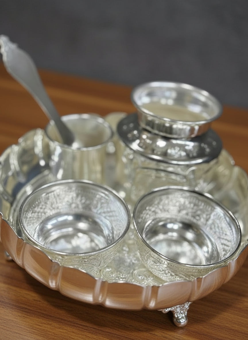 German Silver Pooja Thali Set – 8 Pieces for housewarming pooja set