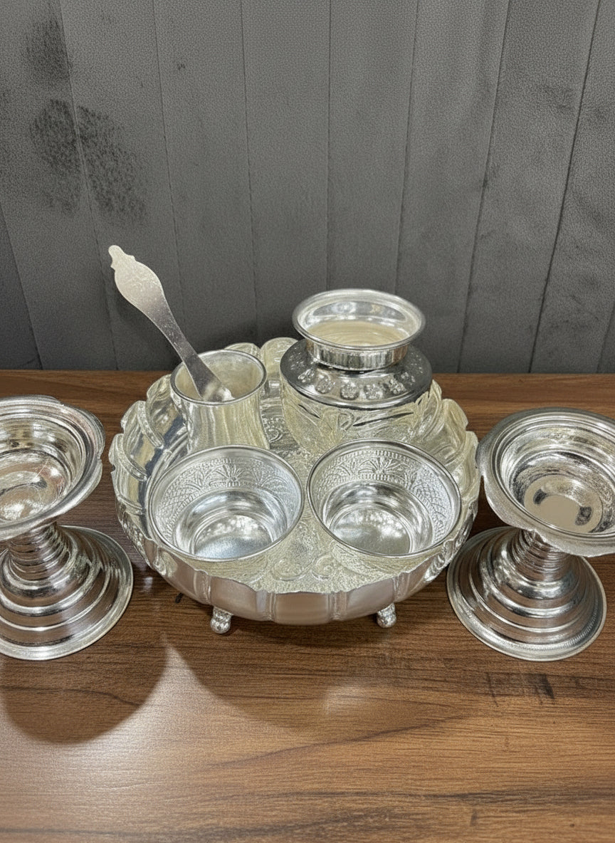 German Silver Pooja Thali Set – 8 Pieces for housewarming pooja set