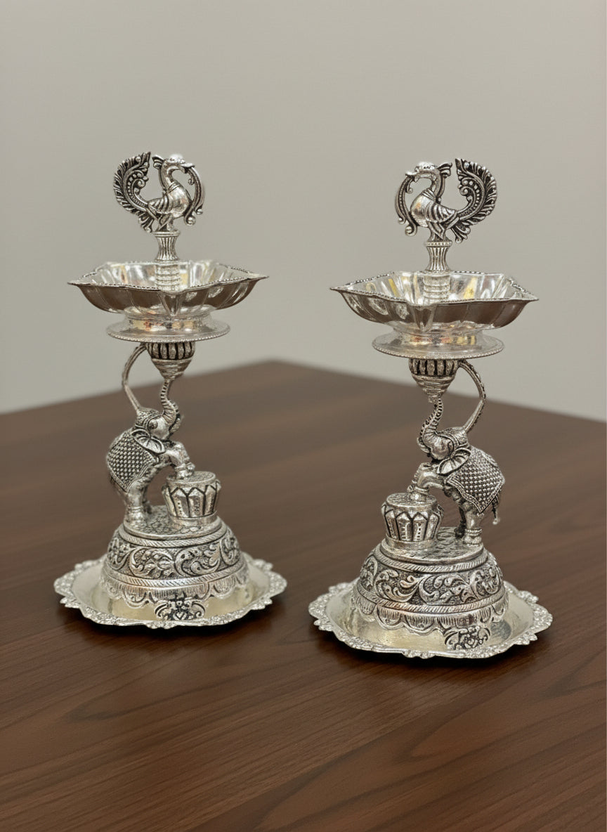 pure silver plated antique finish elephant diya set for housewarming pooja